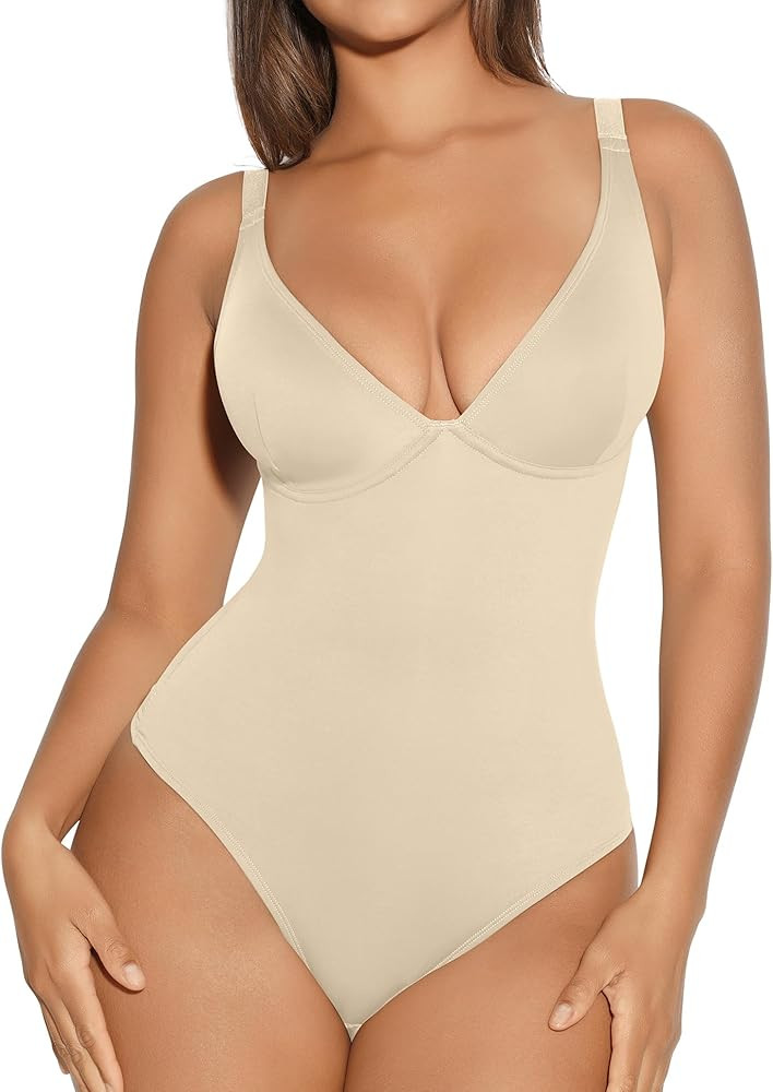 FeelinGirl Shapewear Bodysuits for Women Tummy Control Body Suits Deep V Neck Thong Body Shaper | Amazon (US)