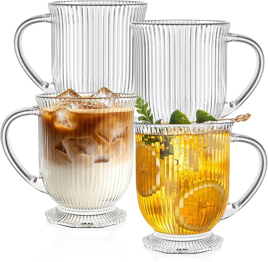 KEMORELA 16 OZ Premium Glass Coffee Mugs with Handle Set of 4, Large Classic Vertical Stripes Gla... | Amazon (US)