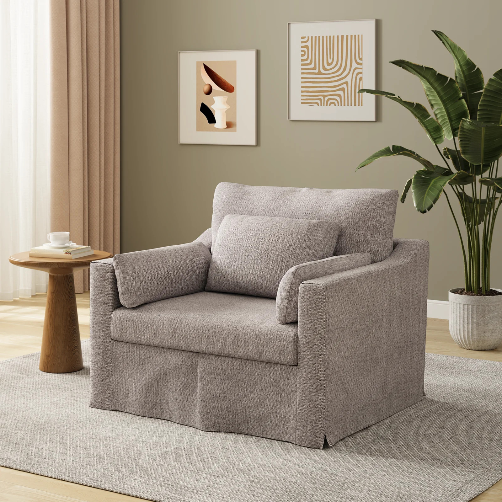 42" Modern Armchair, Coastal Accent Chair, Deep Seat Slicovered Chair, Chenille Fabric, Wheat | Walmart (US)