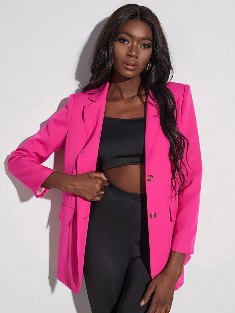 Neon Pink Button Front Blazer | SHEIN