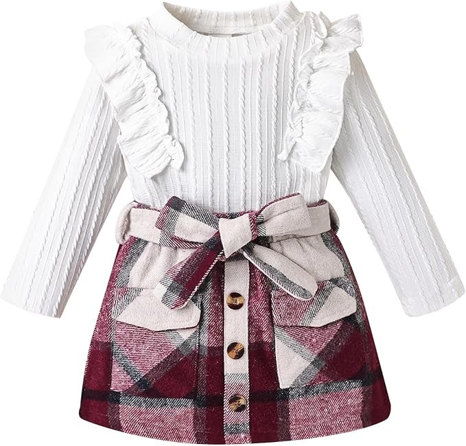 Toddler Girl Fall Winter Clothes Cute Ruffled knitted Shirt Tops Plaid Pleated Mini Skirt Belt 3 ... | Amazon (US)