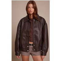 Chocolate Concealed Placket Faux Leather Bomber Jacket | PrettyLittleThing UK