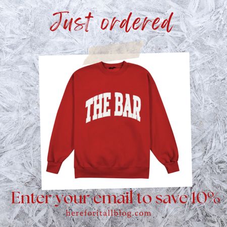 Bougie but make it budget friendly:
The Bar sweatshirt, ordered a Large
Enter your email to save 10% at check out!
Check out with Klarna and you’re charged just under $20, breaking the payments into 4 with no interest. 

#LTKHoliday #LTKGiftGuide #LTKsalealert