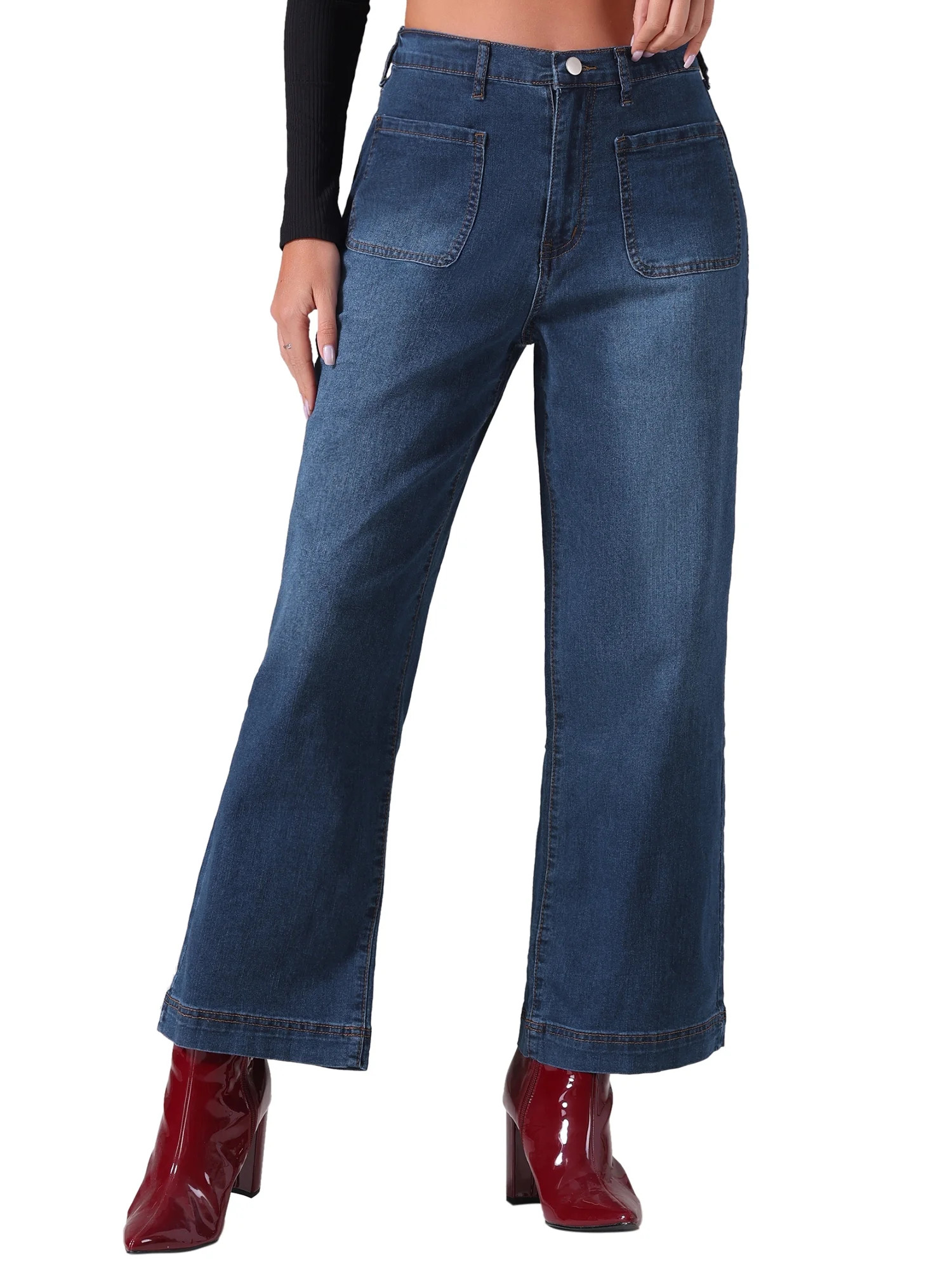 Allegra K Women's Wide Leg Jeans High Waisted Stretchy Straight Leg Jeans Denim Pants M Dark Blue | Walmart (US)