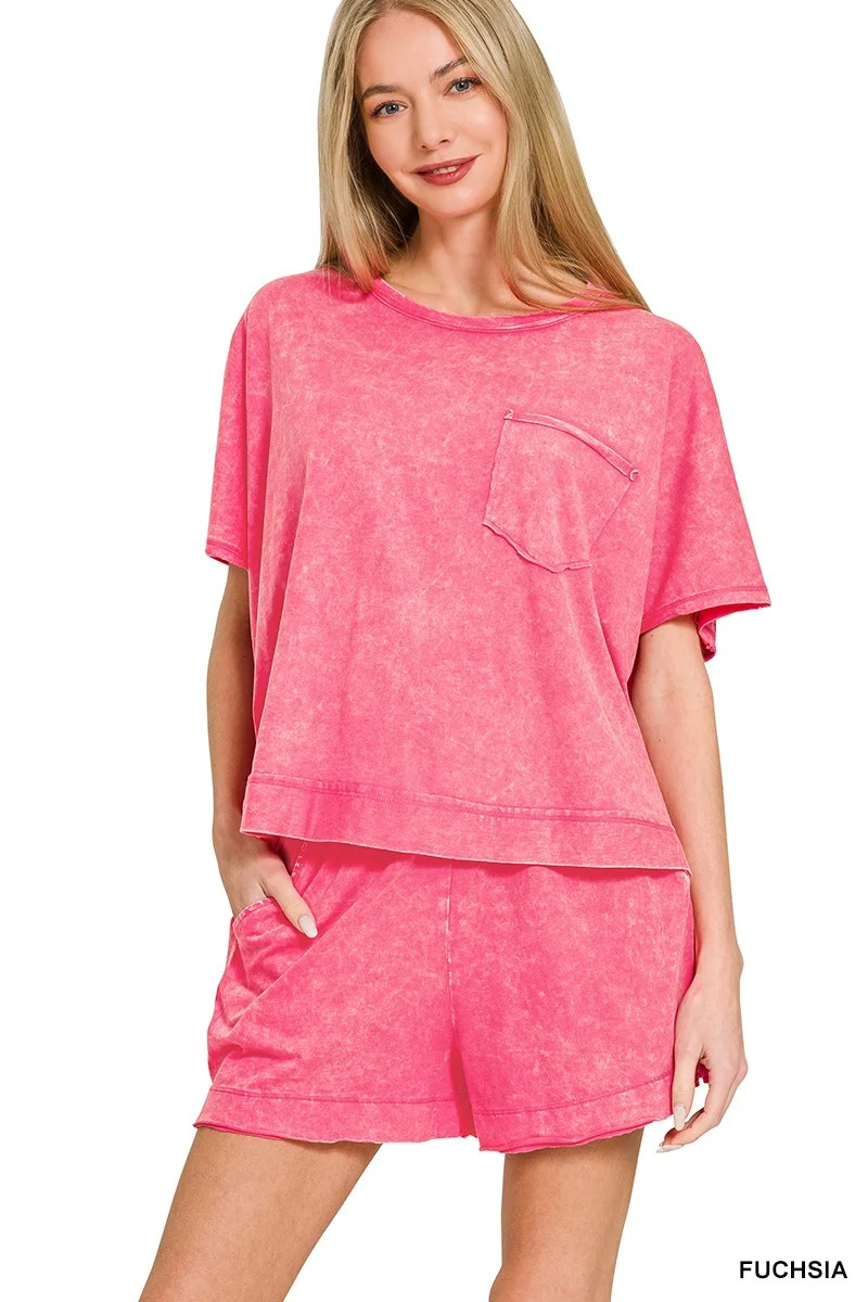 Zenana Acid Washed Oversized Top & Shorts Set | Charming Charlie