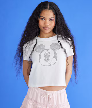Mickey & Friends | Aero Rhinestone Mickey Mouse Cropped Vintage Fit Graphic Tee | Aeropostale