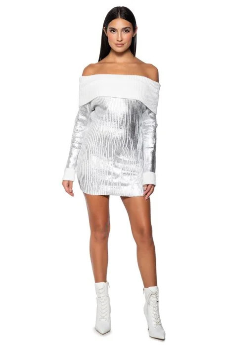 TAKE ME TO ASPEN METALLIC MINI DRESS in white silver | AKIRA