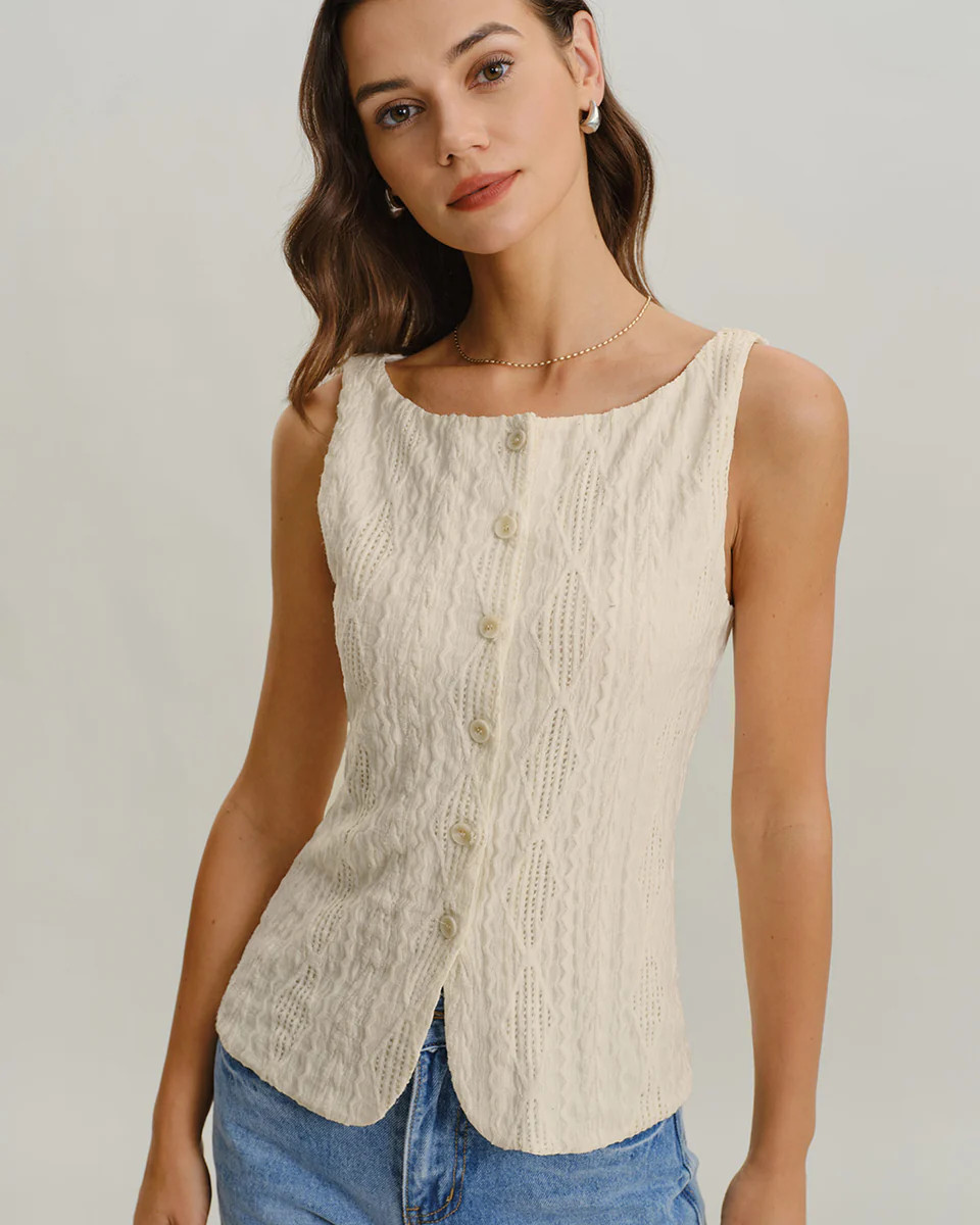 Beige Boat Neck Button Tank Top | rihoas.com