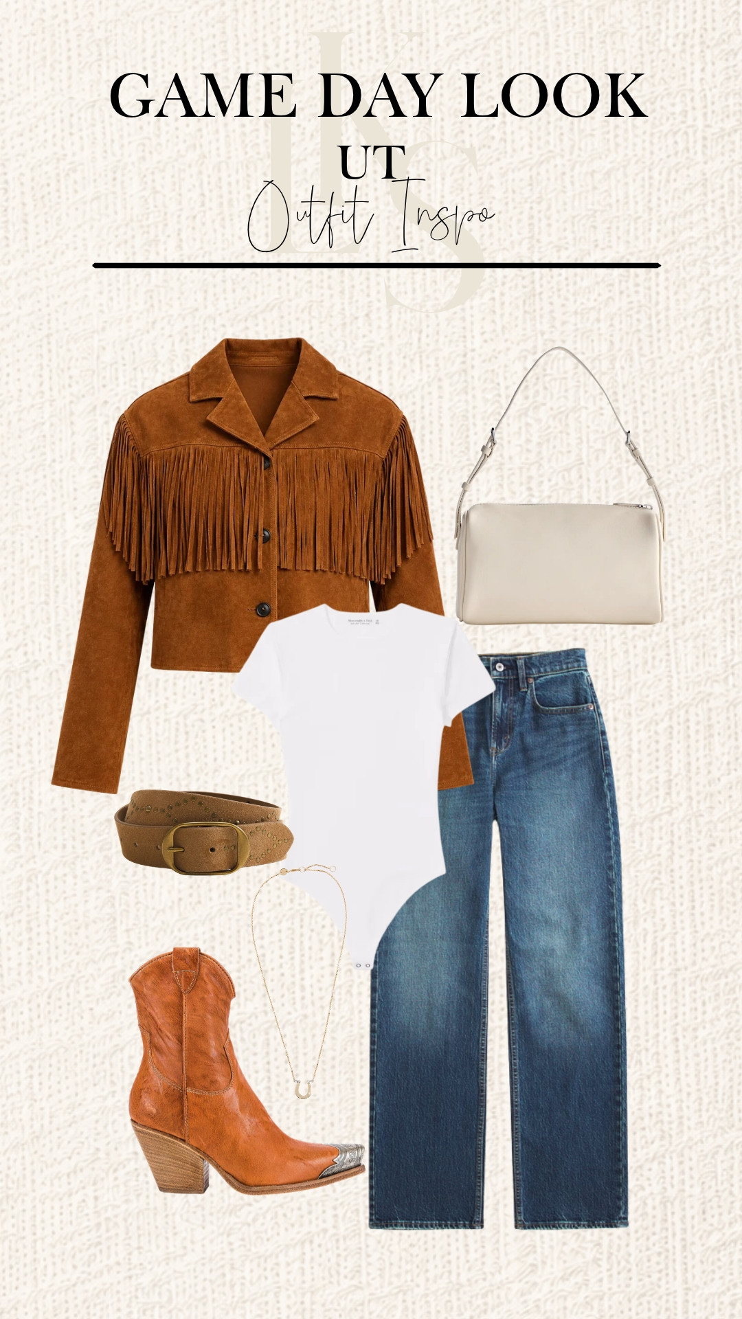 Hook ’em in style 🤘🤎 This UT-inspired game-day outfit keeps it effortless with a fringe suede jacket, classic denim, western boots, and a crisp white base. Tap to shop the full look! 

 