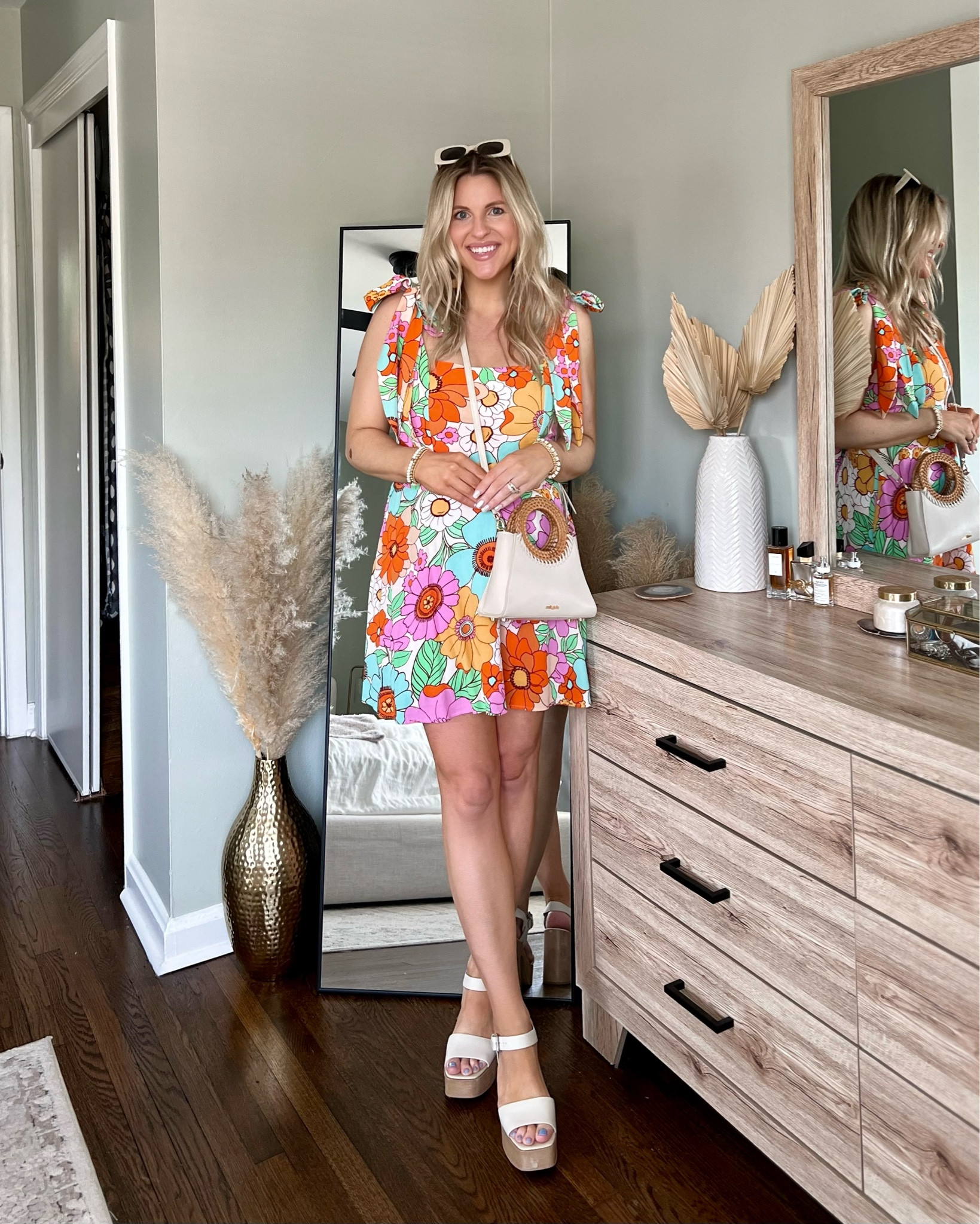 Easy spring outfit: show me your mumu retro floral mini dress, dolce vita heels, white sunglasses, cult Gaia bag 