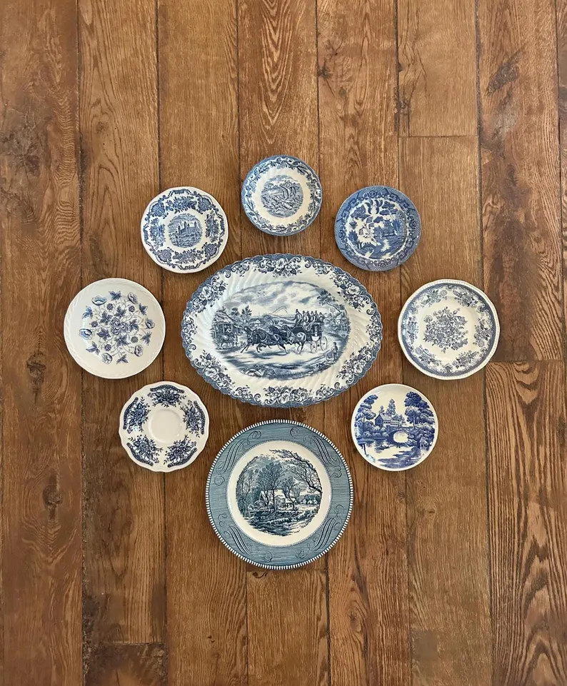 Set of 9 Mismatched Blue and White Vintage horse, hunt scene Plates, Geometric Transferware Engli... | Etsy (Global)