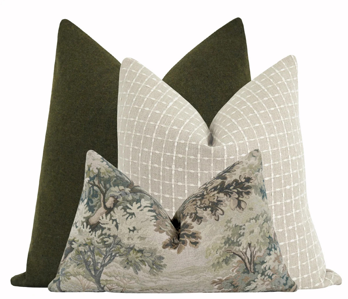 Moss Green & Flax Windowpane Pillow Set | Forest Tapestry Lumbar | Land of Pillows