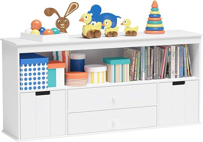Timy Toy Storage Organizer with 2 Drawers, Wooden Toy Organizer Bins, Kids Bookshelf for Reading, St | Amazon (US)