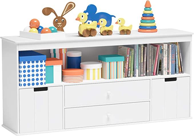 Timy Toy Storage Organizer with 2 Drawers, Wooden Toy Organizer Bins, Kids Bookshelf for Reading,... | Amazon (US)