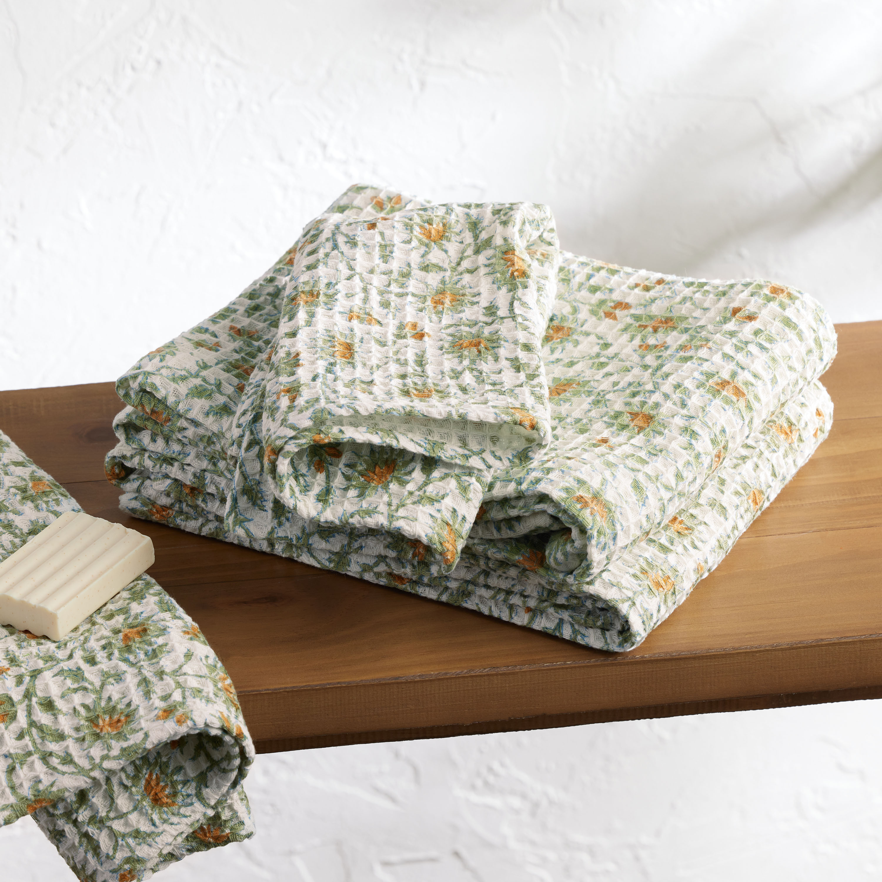 Yellow Flower Block Print Waffle Weave Towel Collection | World Market