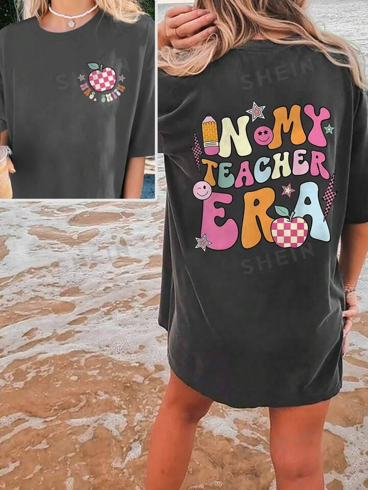 SHEIN EZwear Teacher's Day 'In My Teacher Era' Print Loose Short Sleeve T-Shirt For Women, Beach ... | SHEIN
