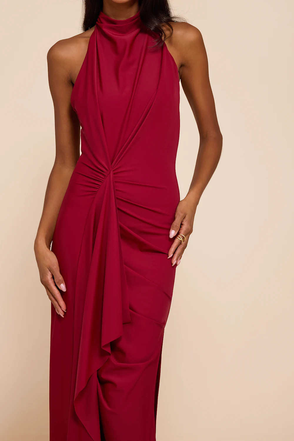 Mystras Red Slinky Knit Backless Halter Maxi Dress | Lulus