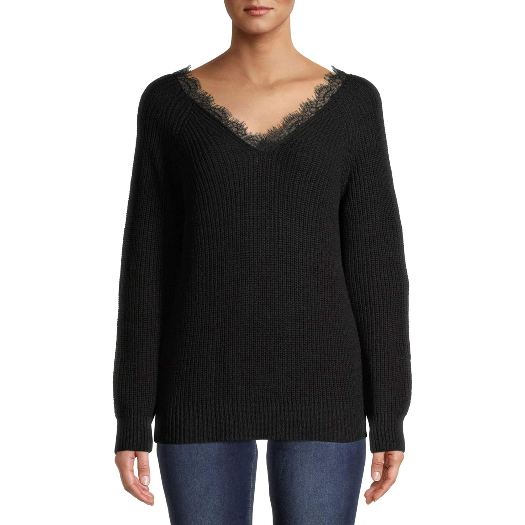 Heart N Crush Women's Lace V-Neck Sweater | Walmart (US)