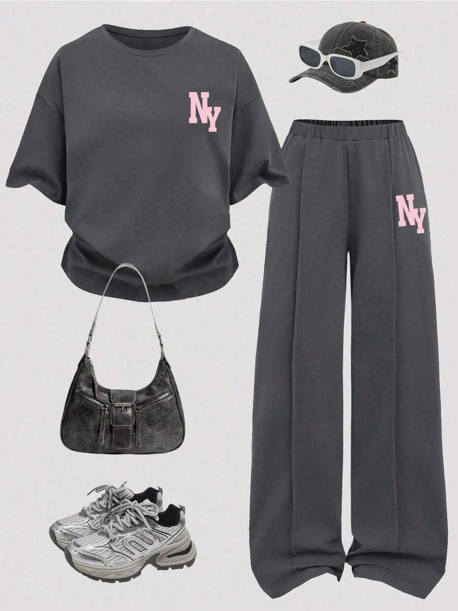 Teen Girl Letter Print Short Sleeve T-Shirt And Wide Leg Pants Casual Suit | SHEIN