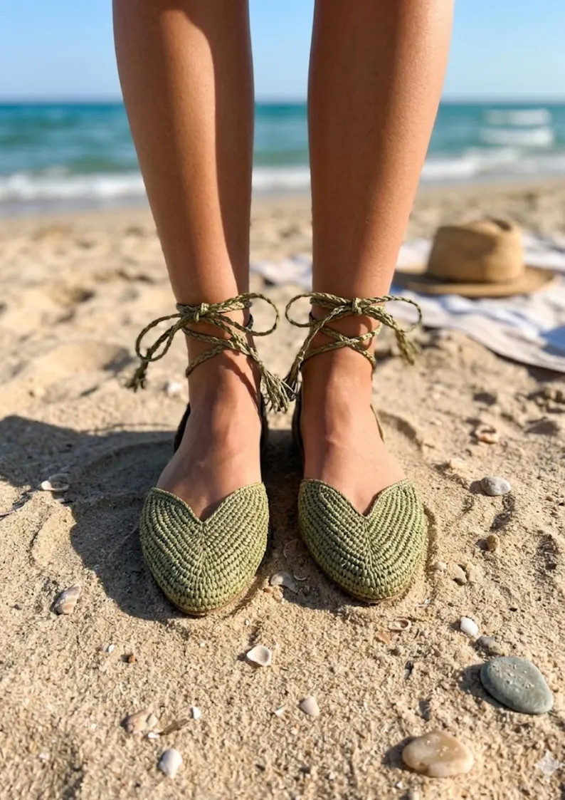 Handmade Raffia Lace-up Flats \u2013 Olive Green Woven Summer Sandals, Boho Ballet Shoes - Etsy | Etsy (Global)