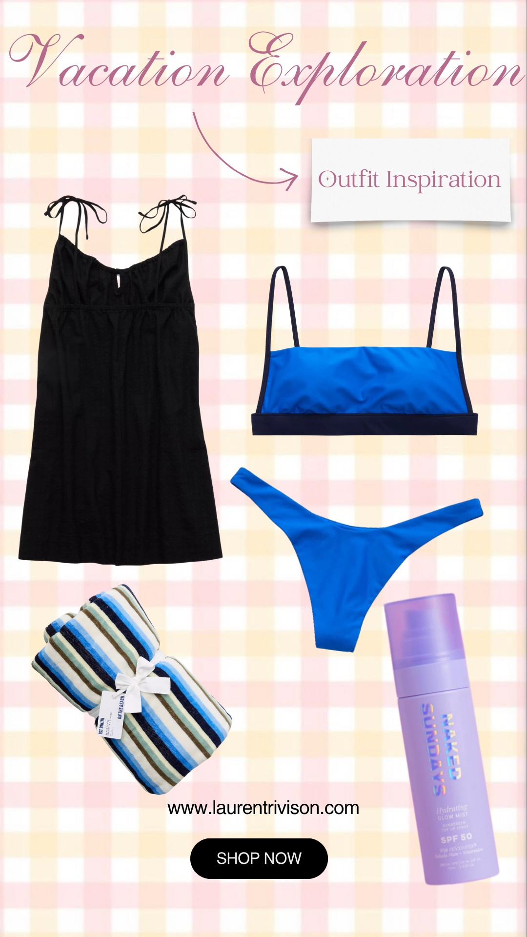 A Beach day outfit I am loving! With everything you may need packed and ready 🌊☀️ This look has a black tie-strap mini dress to throw on over your swimsuit, a blue bikini set that is SO the color of the summer. Of course you got to bring a beach towel to the beach! Supergoop SPF to keep your skin protected all day 💙 The easiest beach to street transition outfit and I am obsessed 🙌  

 #LTKootd #LTKSeasonal #LTKMidsize