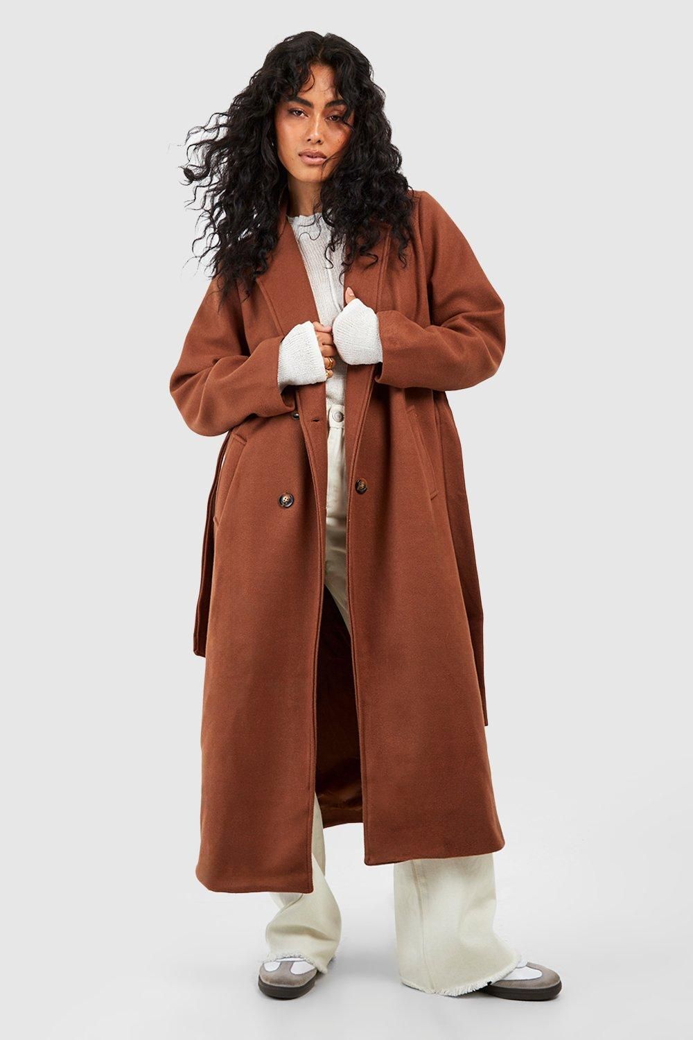 Womens Longline Double Breasted Belted Wool Look Coat - Brown - 4 | Boohoo.com (US & CA)