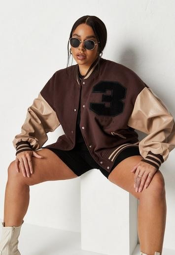 Missguided - Plus Size Brown Faux Leather Sleeve Varsity Jacket | Missguided (US & CA)