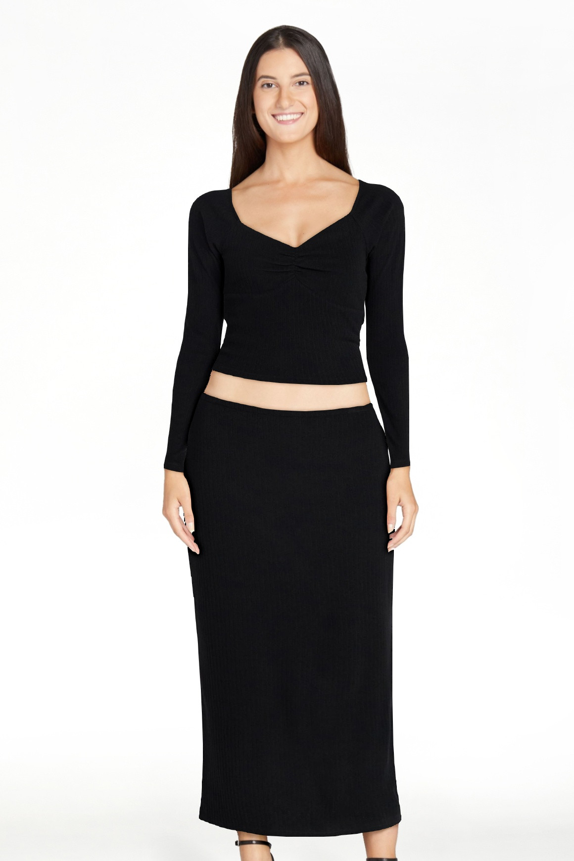 No Boundaries Long Sleeve Ruched Front Top and Maxi Skirt Set, 2-Piece, Women's XXS-XXL | Walmart (US)