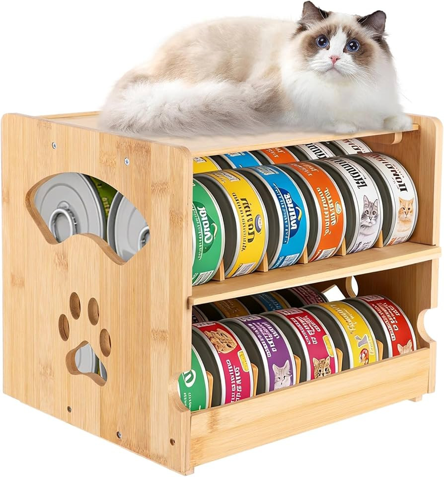 Wooden Cat Food Can Organizer, FIFO Can Storage Rack with Auto Rotation, Holds 36 Cans (3 oz), Tw... | Amazon (US)