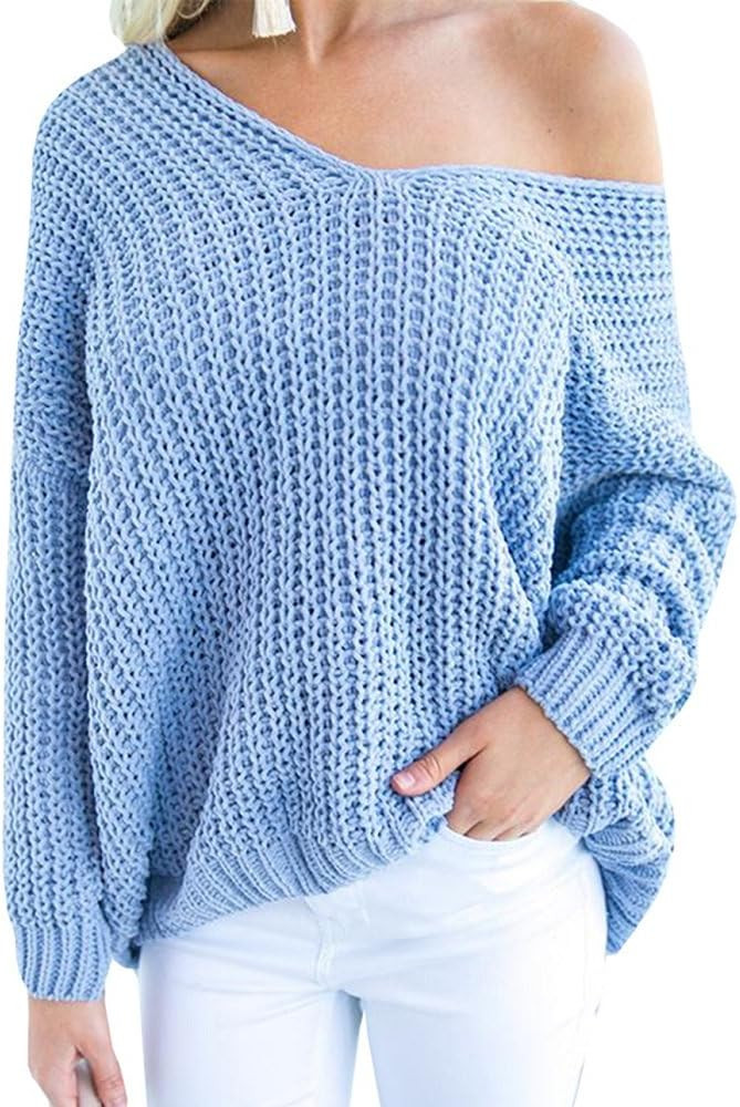 Womens Sweaters Oversized Off The Shoulder V Neck Pullover Knit Jumper Tops | Amazon (US)