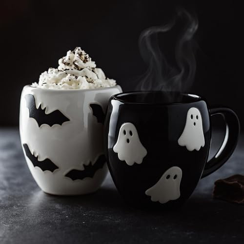 Didaey 2 Pack Ghost Bat Coffee Mugs 14 oz Ceramic Black White Halloween Cup | Amazon (US)