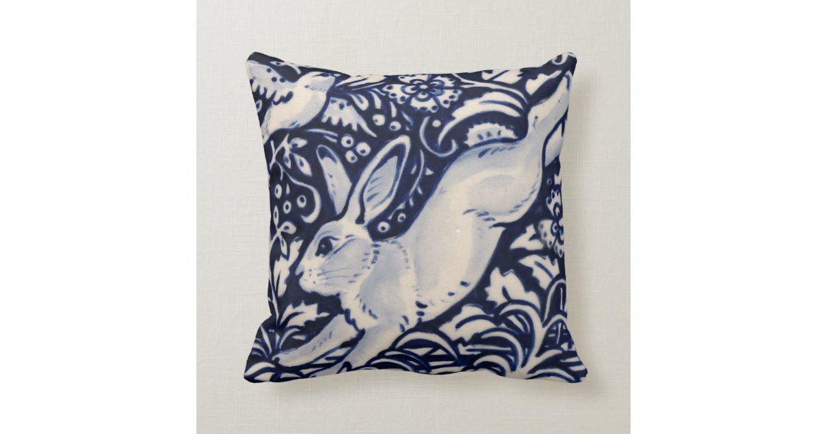 Blue White Leaping Rabbit Hare Bunny Chinoiserie Throw Pillow | Zazzle.com | Zazzle