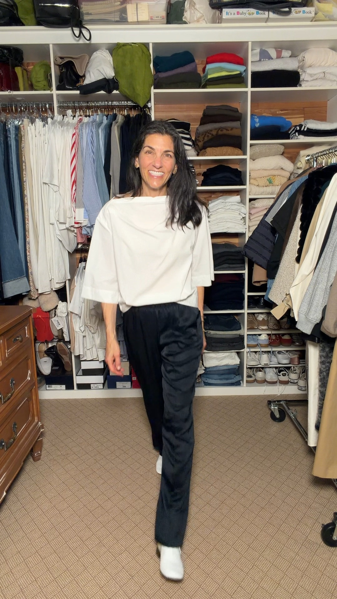Satin pants for day with a cotton poplin top and jazz shoes 