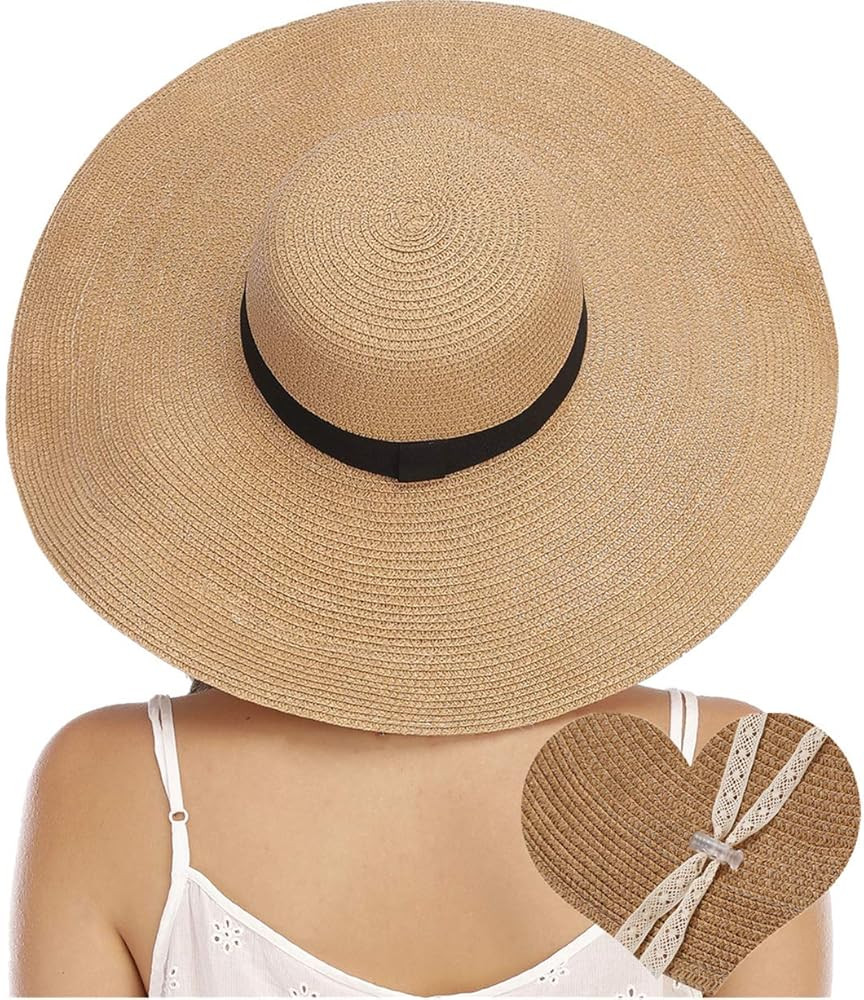 Womens Paper Floppy Embroidered Wide Brimb Adjustable Beach Party Sun Hat with Ribbon Band with W... | Amazon (US)