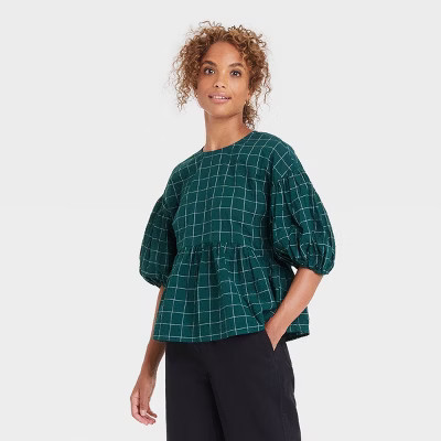 Women's Puff 3/4 Sleeve Top - A New Day™ Teal Green Windowpane L | Target