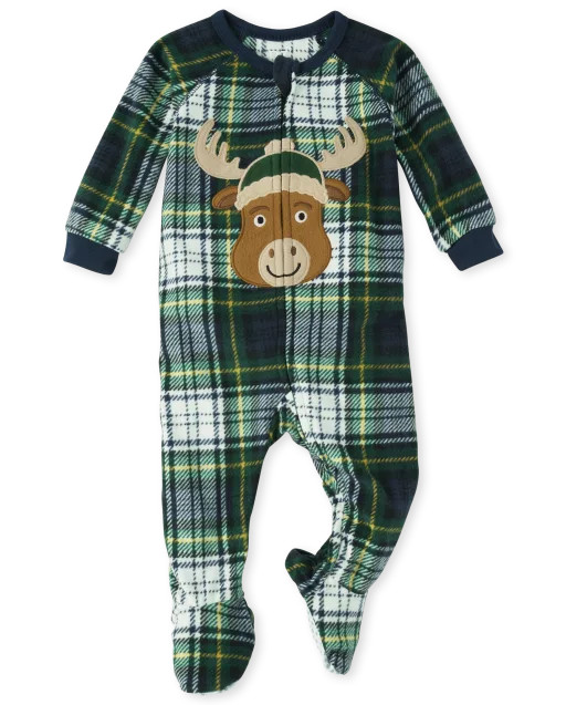 Unisex Baby And Toddler Matching Family Christmas Long Sleeve Plaid Moose Fleece Footed One Piece... | The Children's Place