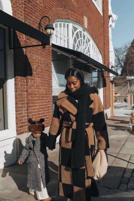 Checkered maxi coat for winter style and toddler pea coat and fur headband 

#LTKstyletip #LTKkids #LTKfamily