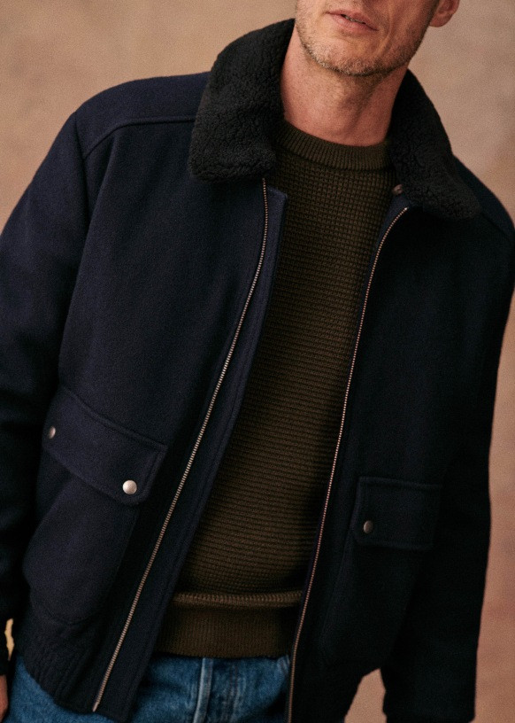 Blouson Horace - Marine Col Noir - Laine recyclée - Sézane | Sezane Paris