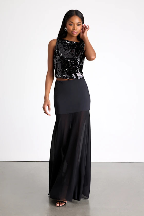 Laikyn Black Slinky Knit Sheer Hem Maxi Skirt | Lulus