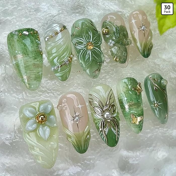 30Pcs Green Press on Nails Medium Almond Fake Nails with 3D Pearl Gold Beads Designs Stick on Nai... | Amazon (US)
