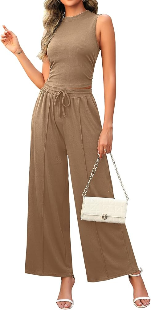2 Piece Outfits for Women Knit Ribbed Lounge Sets Tracksuit Sleeveless Crop Tank Top Wide Leg Pan... | Amazon (US)