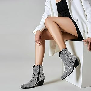 FIFSY Women Rhinestone Cowboy Boots Glitter Chunky Heel Sparkly Cowgirl Ankle Boots… | Amazon (US)