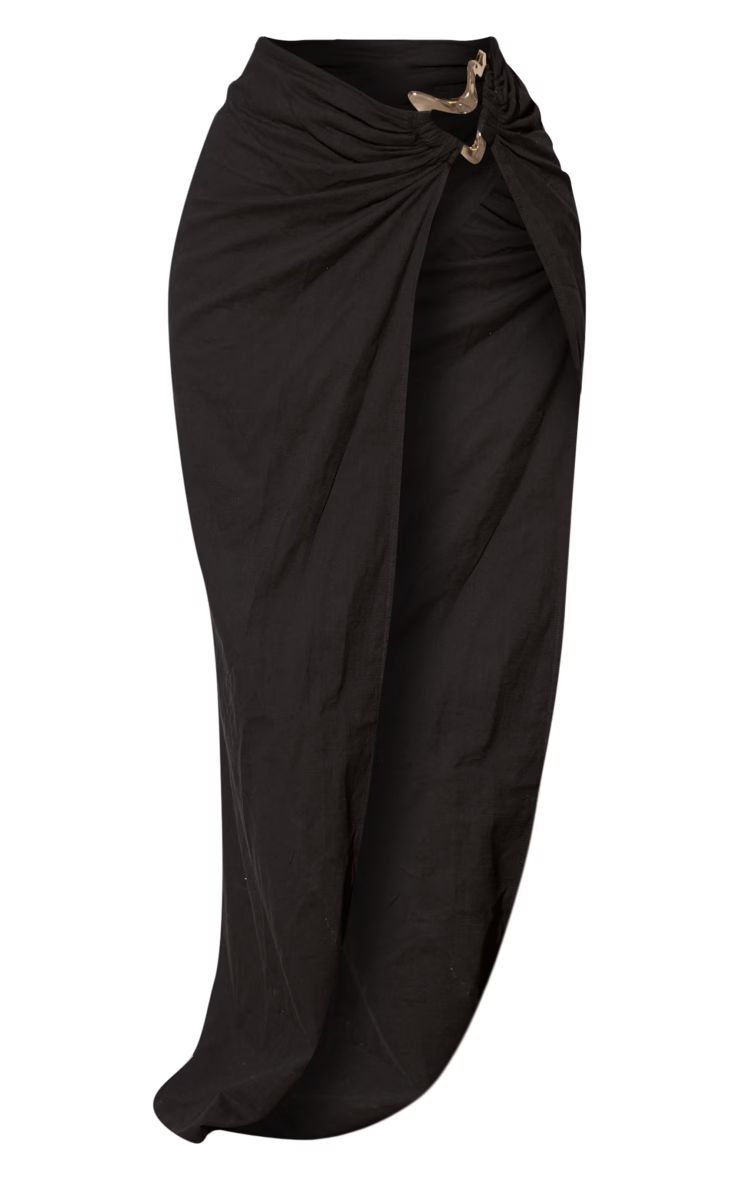Black Gold Trim Linen Look Side Split Beach Maxi Skirt | PrettyLittleThing US
