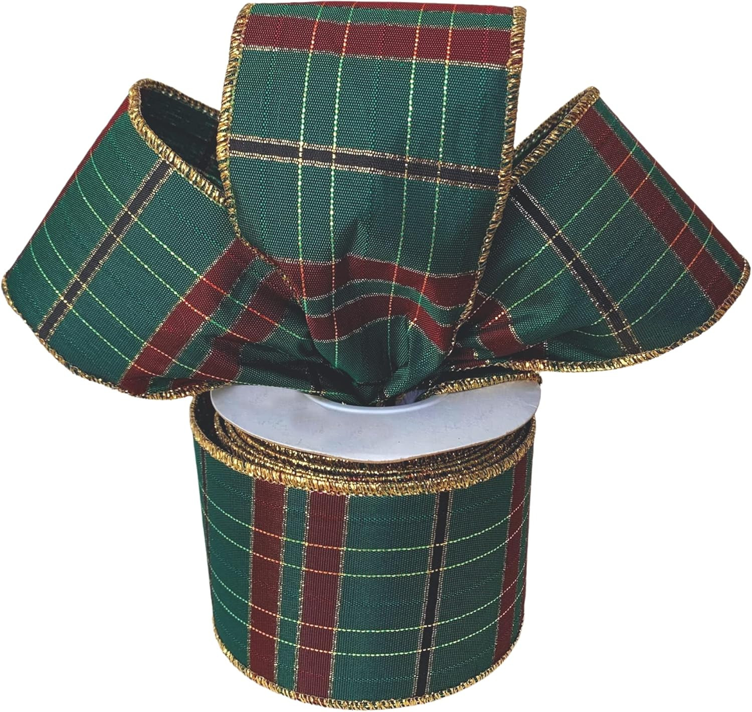 Hunter Green Christmas Plaid Wired Ribbon - 2 1/2" x 10 Yards, Metallic Gold Edges, Burgundy Red,... | Amazon (US)