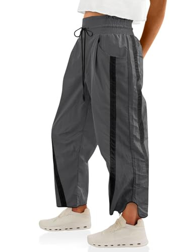 Fisoew Women's Baggy Wide Leg Pants Casual Drawstring Elastic Waisted Contrast Color Workout Y2K Track Pants Dark Grey | Amazon (US)