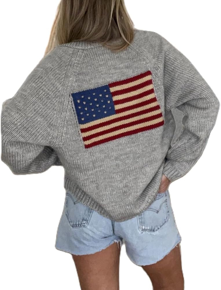 Mxiqqpltky American Flag Cardigan Sweaters for Women Y2K Striped Star Long Sleeve Button Down 4th... | Amazon (US)