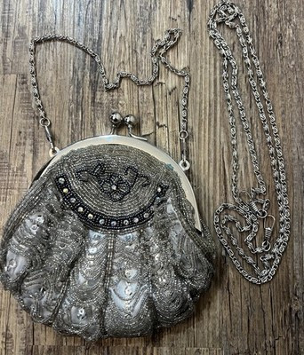 In’s Beaded Scalloped Shell Purse Bag Chain Silver Clamshell Snap Retro | eBay US