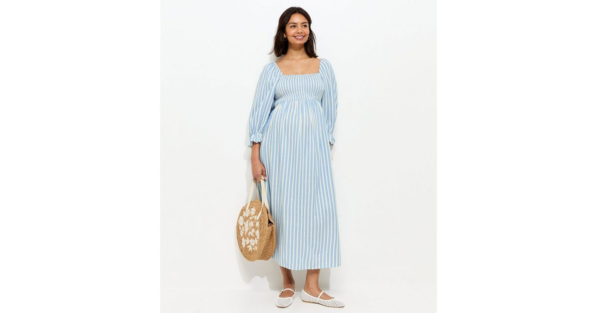 Maternity Blue Striped Shirred Midi Dress | New Look | New Look (UK)