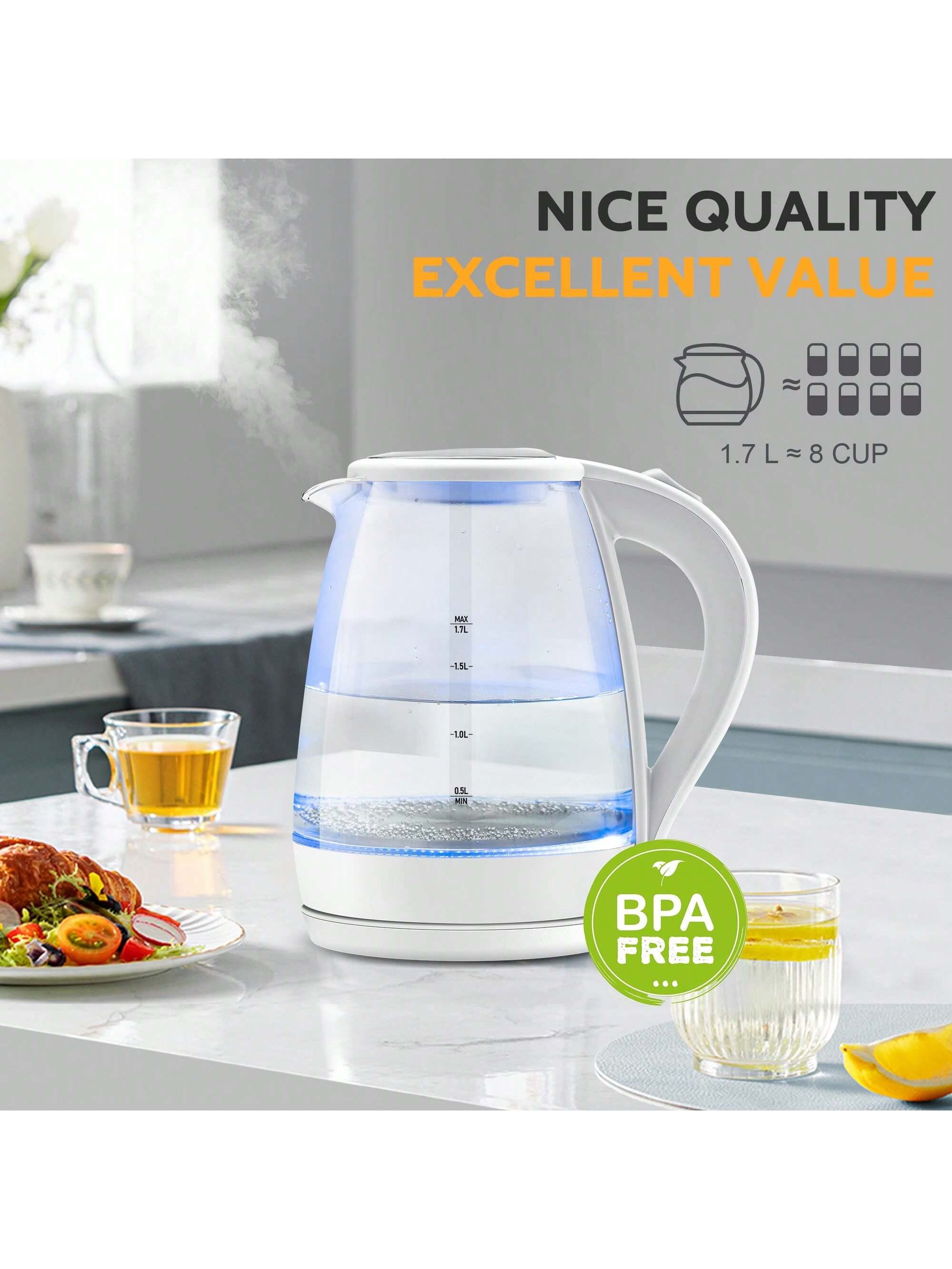 Electric Kettle - 1.7L Hot Water Boiler - Glass Tea Kettle With Wide Opening And Led Indicator, A... | SHEIN