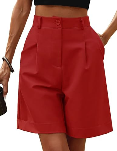 Neecan Women's Casual Elastic High Waisted Wide Leg Shorts Knee Length Bermuda Summer Dressy Shorts Red Medium | Amazon (US)